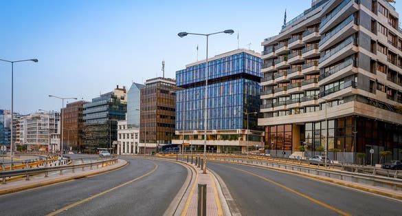 Photo of Commercial road and buildings at Piraeus port,Greece.