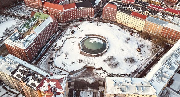 Photo of aerial View of Temppeliaukio Church, Helsinki, Finland.