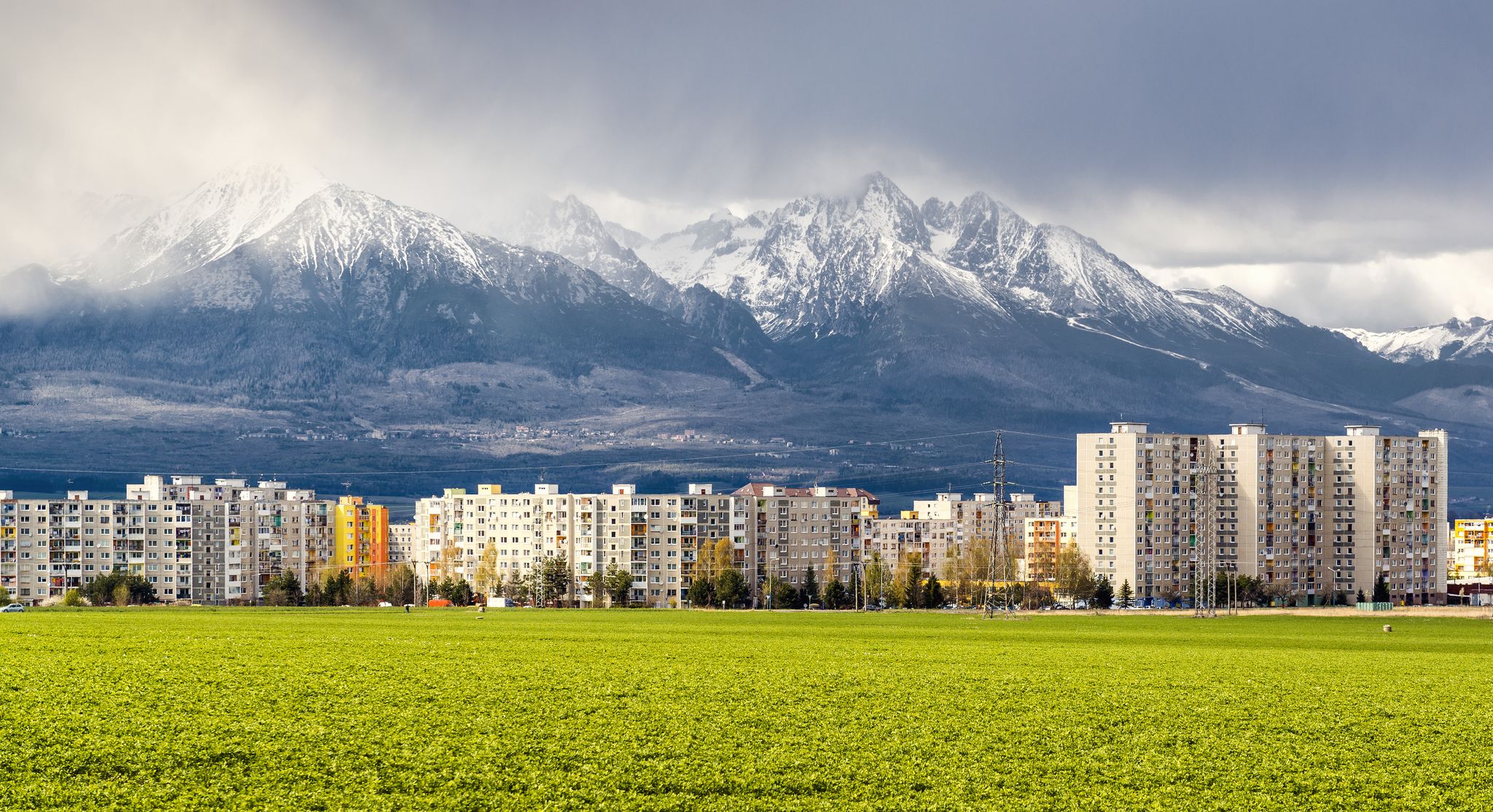 Neighborhood near snow-capped High Tatras. Poprad, Slovakia