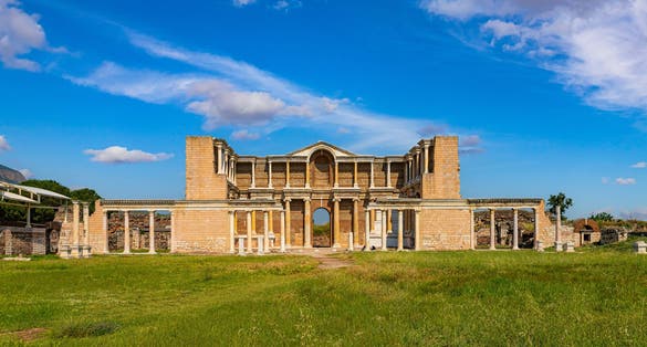 Ancient City Sardes (Sardis) Ancient City with gymnasium and synagogue ruins and columns in Manisa.