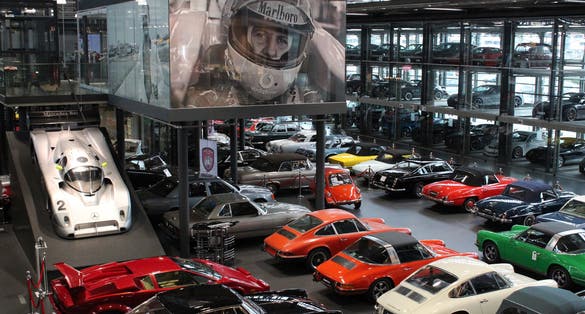 Photo from the inside of Museum Mercedes-Benz Welt in Stuttgart, Germany.