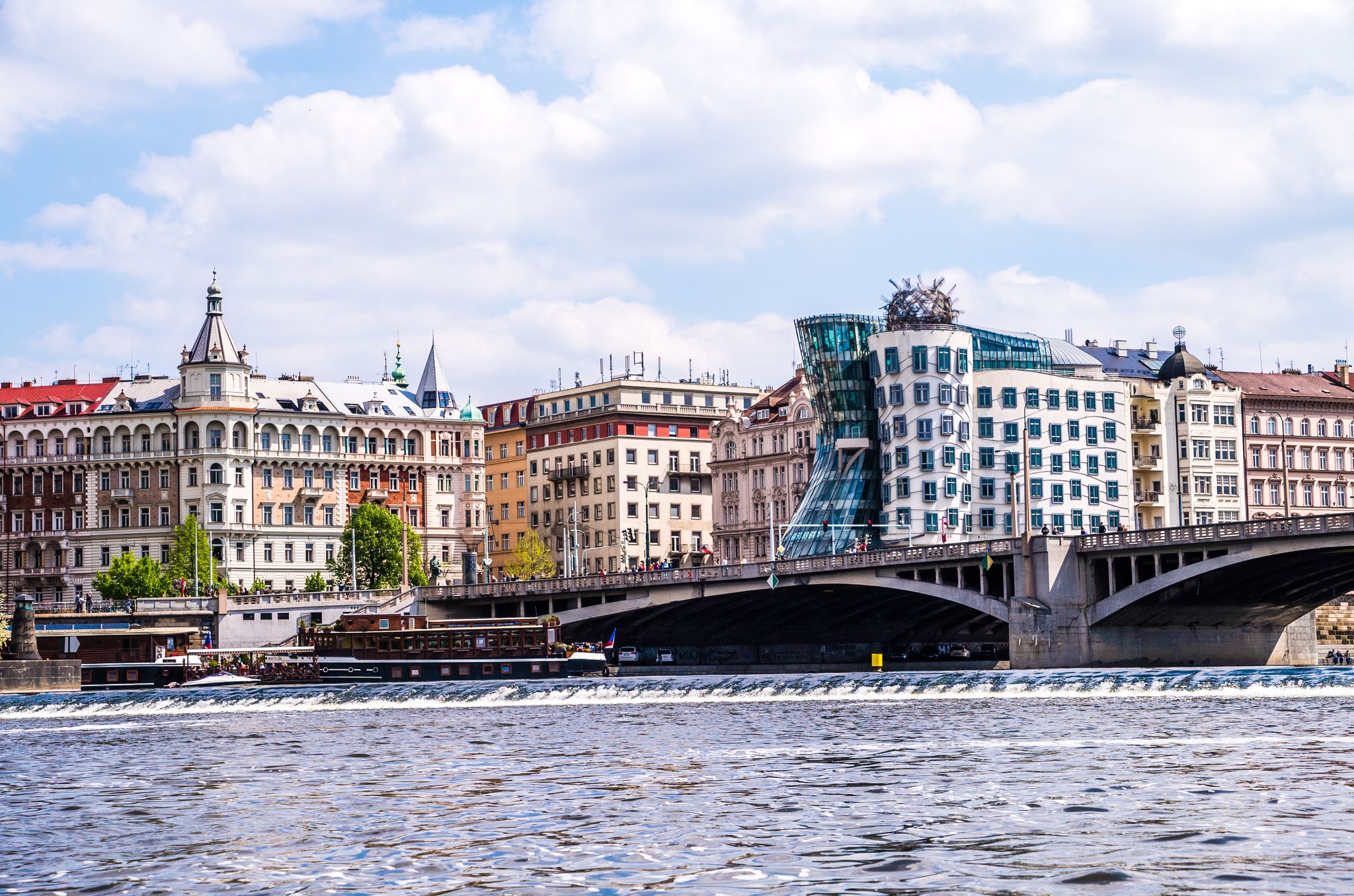 Photo of aerial view of Dancing House of Prague, (called Ginger and Fred) in New Town in Prague, Czech Republic.