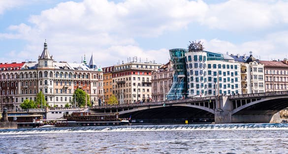 Photo of aerial view of Dancing House of Prague, (called Ginger and Fred) in New Town in Prague, Czech Republic.