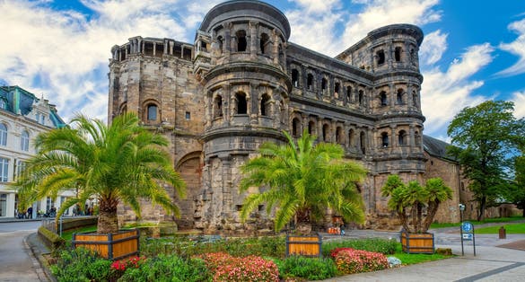 Photo of Amazing view of famous Porta Martis (Black gate) - ancient Roman city gate in Trier, Germany. It is today the largest Roman city gate north of the Alps.