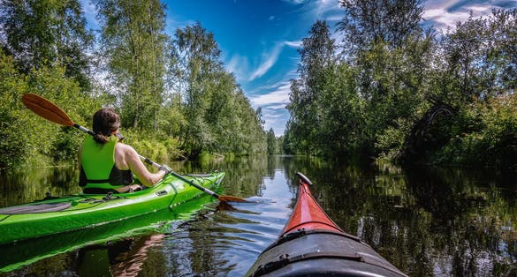 Middle-aged Caucasian Scandinavian women kayaking in small river Savaron in forest.