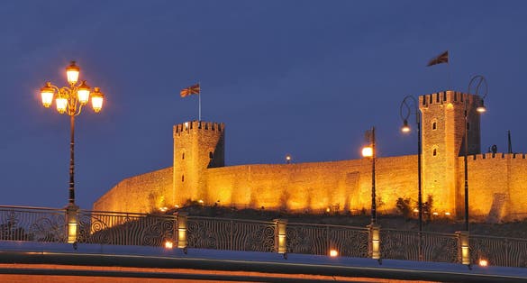 Photo of Skopje Fortress or Skopsko Kale at night is a historic fortress located in the old town of Skopje city, North Macedonia.