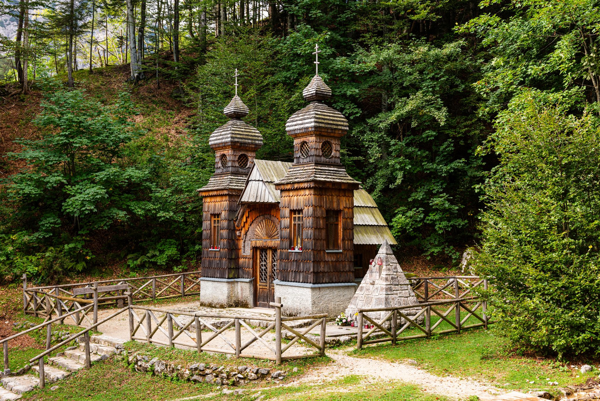 Photo of Russian chapel on the Vrsic Pass (Vršič Pass), Kranjska Gora, Slovenia, Europe .