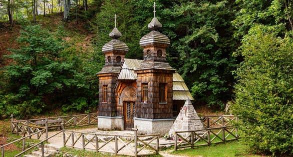 Photo of Russian chapel on the Vrsic Pass (Vršič Pass), Kranjska Gora, Slovenia, Europe .