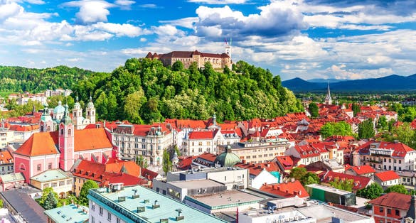 Photo of Ljubljana panoramic aerial view with old town and castle, Slovenia.