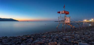 Photo of aerial view of an empty beach in Portonovo in the Ria de Pontevedra, Spain.