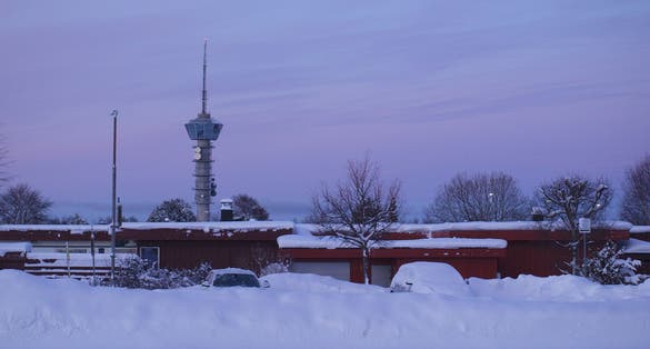 Winter view of Tyholt tower in Trondheim, the highest building in Norway.
