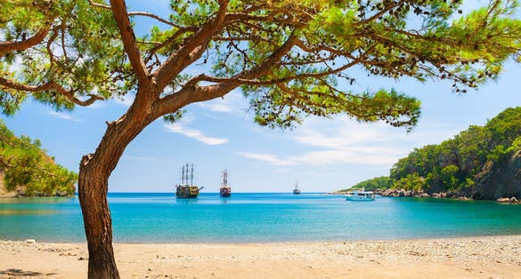 Photo of beautiful beach with turquoise water and pines. "Paradise bay" near Kemer, Turkey.