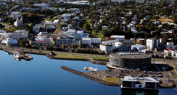 An aerial view of downtown Akureyri