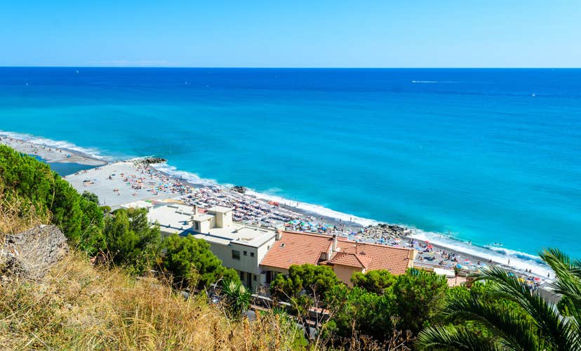 Ventimiglia, Italy. View on the mountains, sea and beach, italian riviera. Border with France, Cote de Azur d'Azur