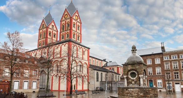 Cityscape view of the Collegiate Church of St. Bartholomew in Liege, Belgium, in winter