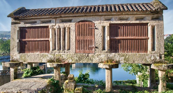Photo of traditional hórreo in Ponte Sampaio, province of Pontevedra, region of Galicia, Spain.