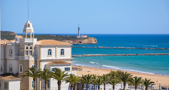 Photo of beautiful Praia de Rocha in Portimao, Portugal.