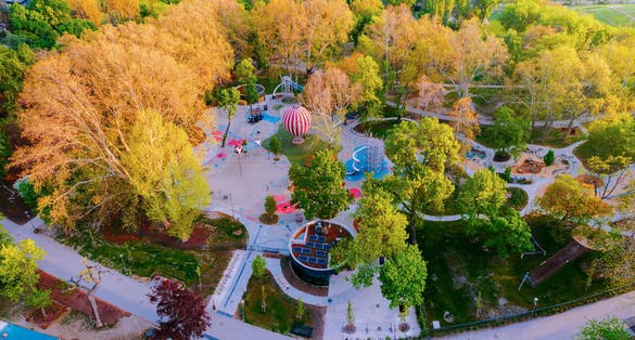 Photo of Budapest City park big playground in aerial panoramic view.