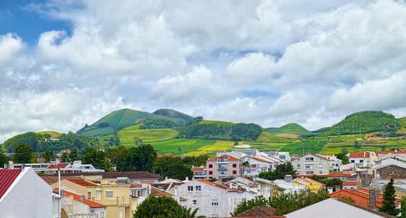 Photo of top view of rooftops in downtown Ponta Delgada, Azores, Portugal.