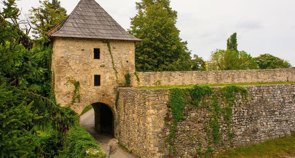 PHOTO OF VIEW OF The historic 16th century Kastel Fortress in Banja Luka, Republika Srpska, Bosnia and Herzegovina. Main entrance tower viewed from inside