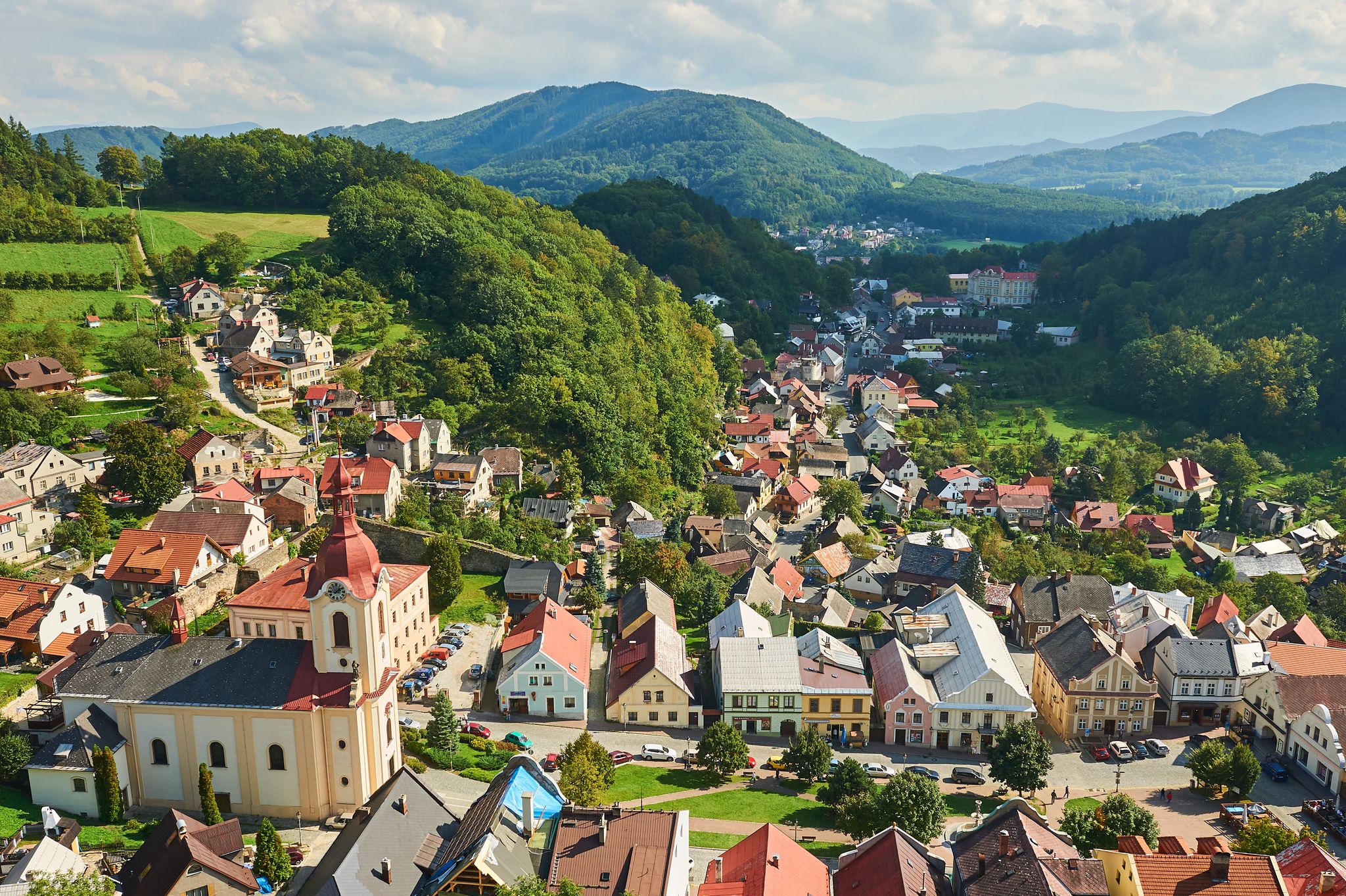 Photo of aerial view of Stramberk from lookout tower Truba, small medieval town in Moravia, Czech Republic.