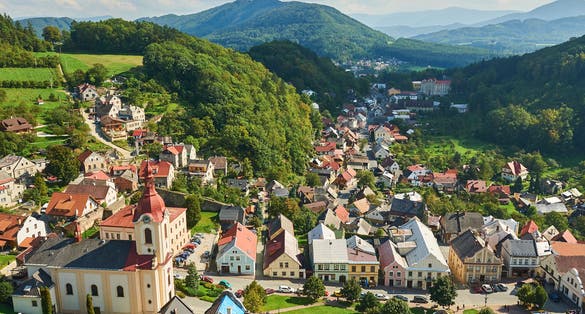 Photo of aerial view of Stramberk from lookout tower Truba, small medieval town in Moravia, Czech Republic.