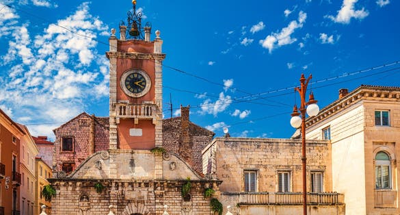 Photo of clock tower on the people's square in historic center of the Zadar town at the Mediterranean Sea, Croatia.