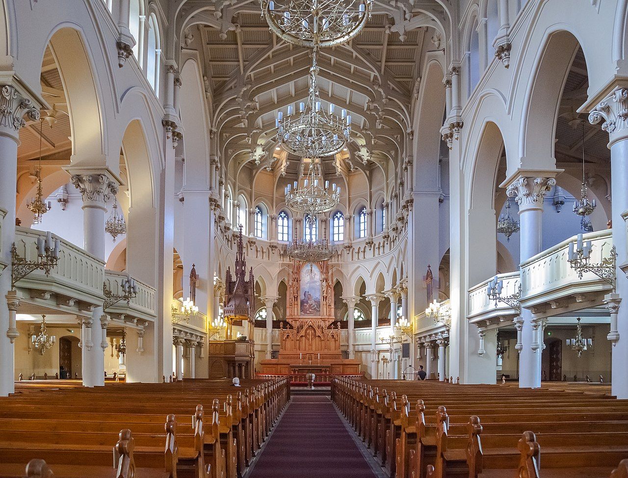 Photo of interior of St. John's Church in Helsinki, Finland is a Lutheran church in the Gothic Revival style.