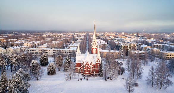 Aerial view of Joensuu Evangelical Lutheran Church in winter in Joensuu, Finland.
