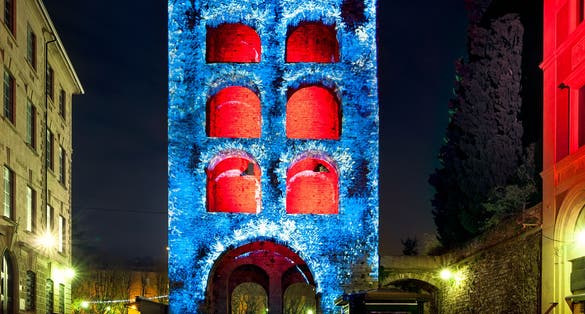 Porta Torre, Como monuments illuminated in Christmas time, Lombardy, Italy, Europe.