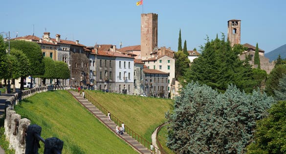 Photo of exterior of historic buildings of Bassano del Grappa, Italy.