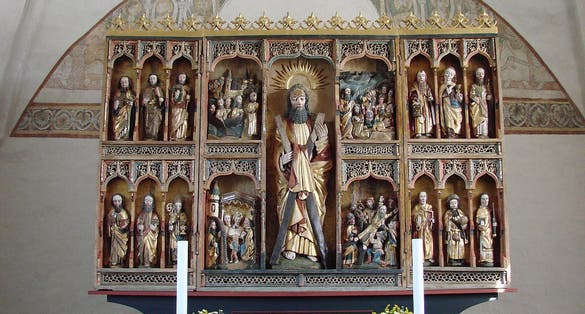 Photo of Altarpiece in Keldby Church, famous for its frescoes, is located on the main road to Møns Klint in the village of Keldby, Denmark.