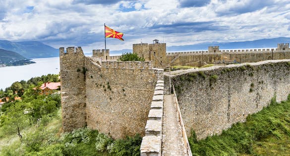 Photo of watchtower of famous old fortress ruins of tzar Samuel in Ohrid know as Samuels fortress, North Macedonia.