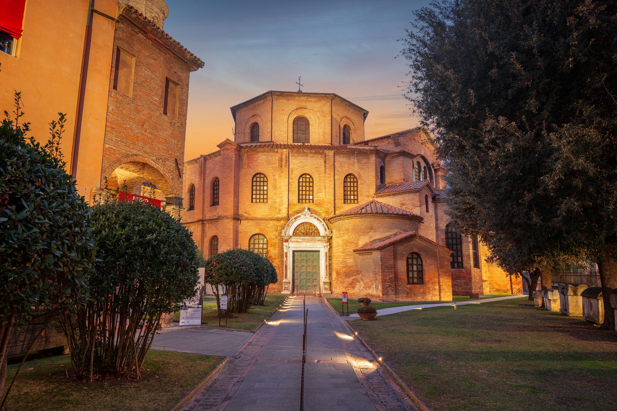 photo of Ravenna, Italy at the historic Basilica of San Vitale in the evening.