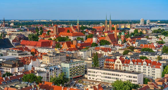Photo of aerial view of Wrocław old town skyline in Wroclaw, Poland.