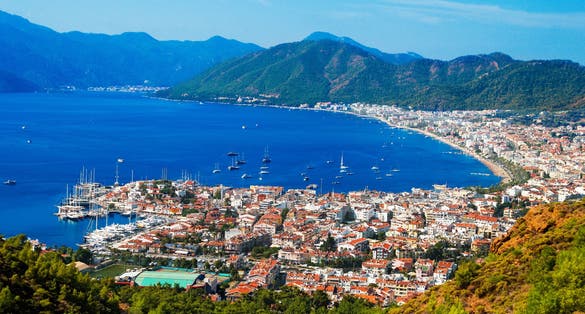 Photo of aerial view of Marmaris harbor on Turkish Riviera.