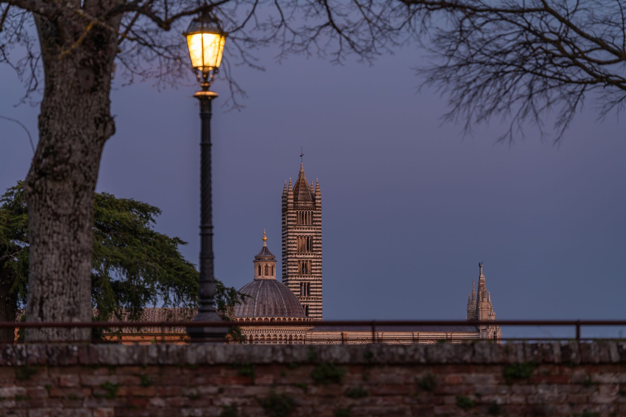 photo of Siena Cathedral from Fortezza Medicea after sunset with illuminated lamp, Siena, Tuscany, Italy