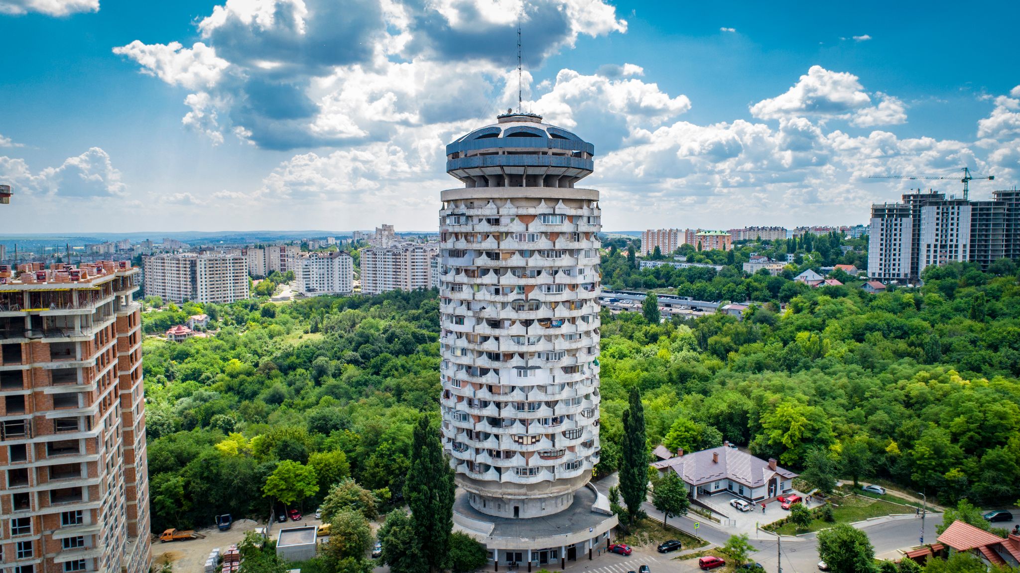 Soviet round multi-story building in Chisinau, Moldova called Romashka or english version Chamomile.