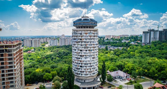 Soviet round multi-story building in Chisinau, Moldova called Romashka or english version Chamomile.