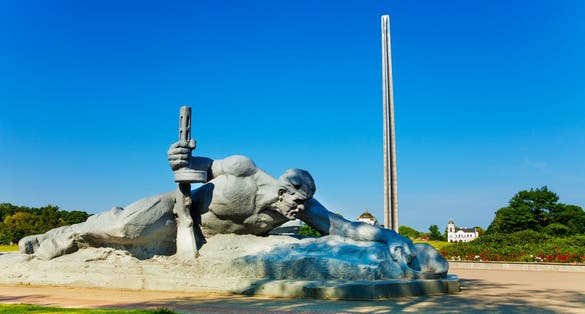 Photo of soldier crawling for water monument in Brest fortress, Belarus.