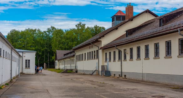 Photo of Buildings at Dachau concentration camp in Germany.