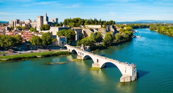 Pont Saint Benezet bridge and Rhone river aerial panoramic view in Avignon. Avignon is a city on the Rhone river in southern France.