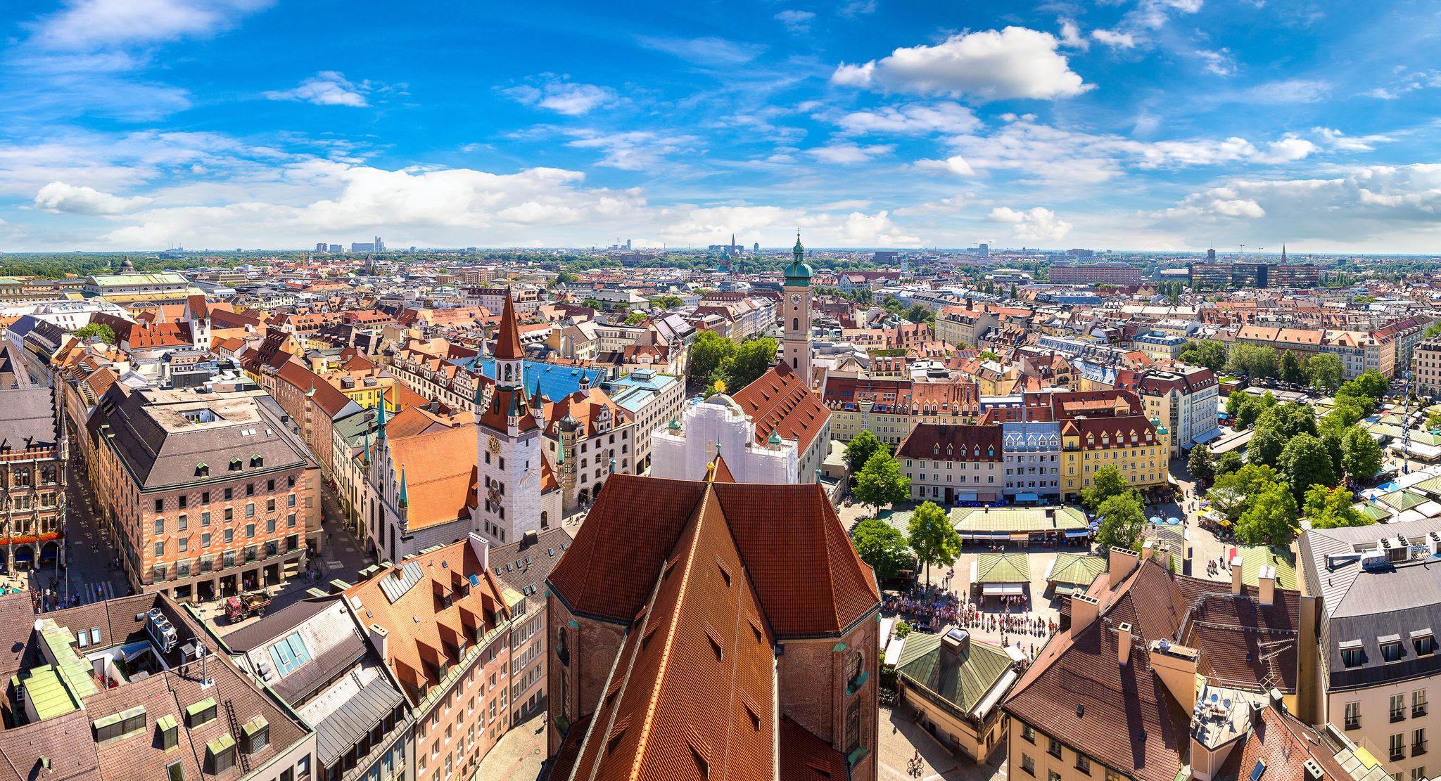 Aerial view on Marienplatz town hall and Frauenkirche in Munich, Germany.