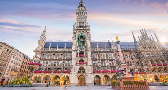Photo of Munich skyline with Marienplatz town hall in Germany.