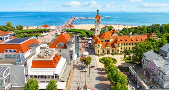 Sunny landscape of the resort town of Sopot and Molo - pier on the Baltic Sea. Poland