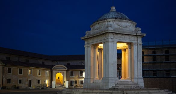 San Rocco Temple inside the pentagonal 18th century building called Mole Vanvitelliana at dusk. Ancona, Marche Region, Italy.