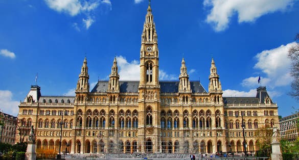 photo of view of Viena capital, impressive gothic architecture of City hall. Travel and landmarks of Austria.