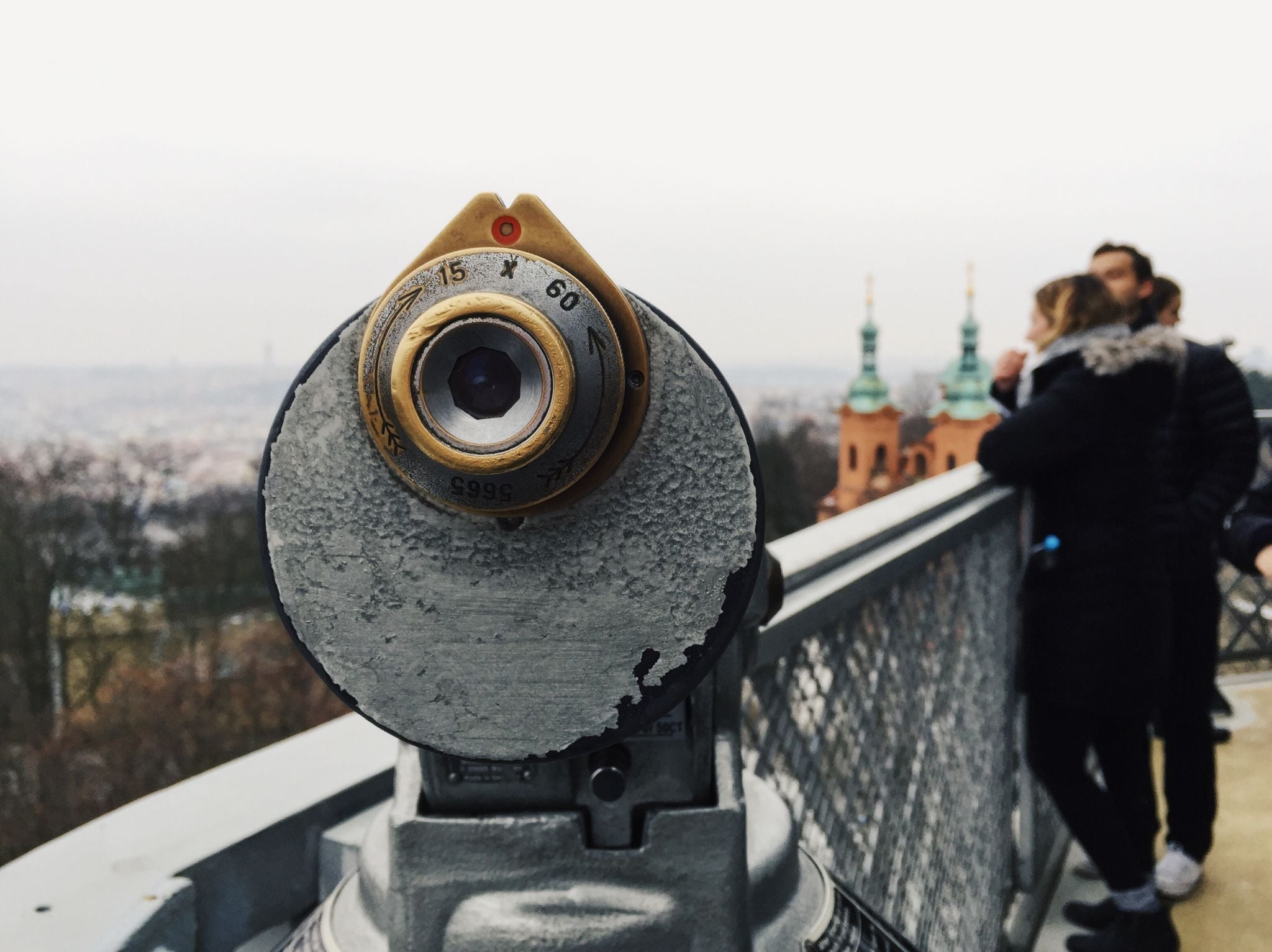 Photo of Coin operated binoculars on the viewing platform at Petrin Observation Tower, Prague, Czech Republic.
