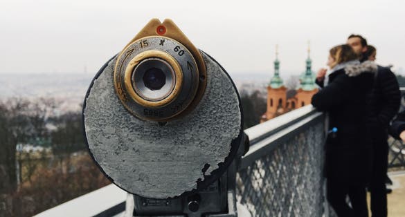 Photo of Coin operated binoculars on the viewing platform at Petrin Observation Tower, Prague, Czech Republic.
