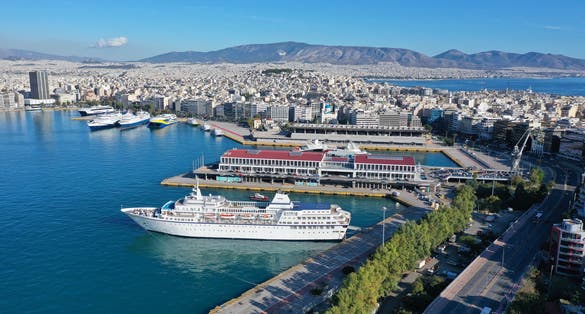 Photo of Aerial drone panoramic photo of famous busy port of Piraeus - OLP area which is the largest in Greece and Mediterranean sea, Attica.